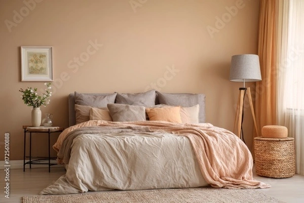 Fototapeta Bedroom scene bed with neutral linens side table with vase standing lamp  woven basket Soft warm tones