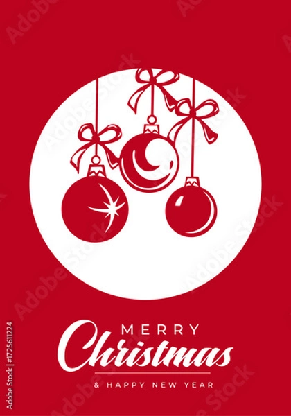 Fototapeta Festive Christmas card design featuring three hanging ornaments with ribbons against a bold red background and white circle, conveying warmth, celebration, and holiday cheer for seasonal greetings.