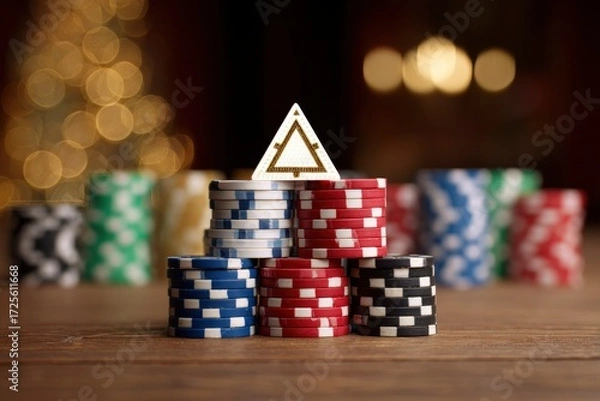 Fototapeta Stacks of poker chips are arranged on a wood surface with a triangleshaped chip on top Soft bokeh lights blur the background