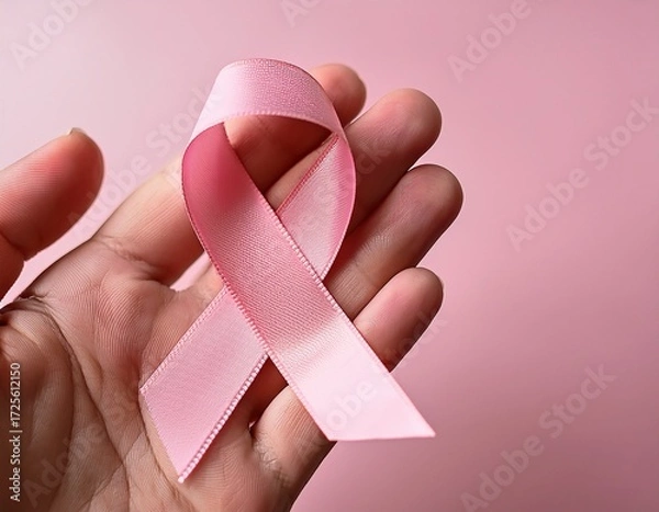 Fototapeta a hand holding a pink ribbon symbolizing cancer awareness and support for those affected by breast cancer