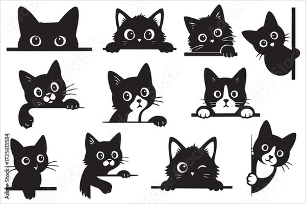 Obraz Collection Of Cute Cat Peeking Silhouette Icons