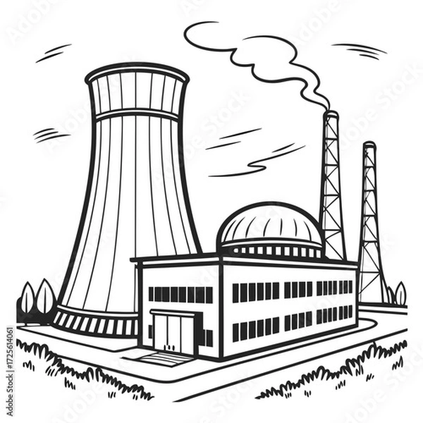 Fototapeta Stylized black and white illustration of a modern industrial power plant with cooling towers and smokestacks emitting steam