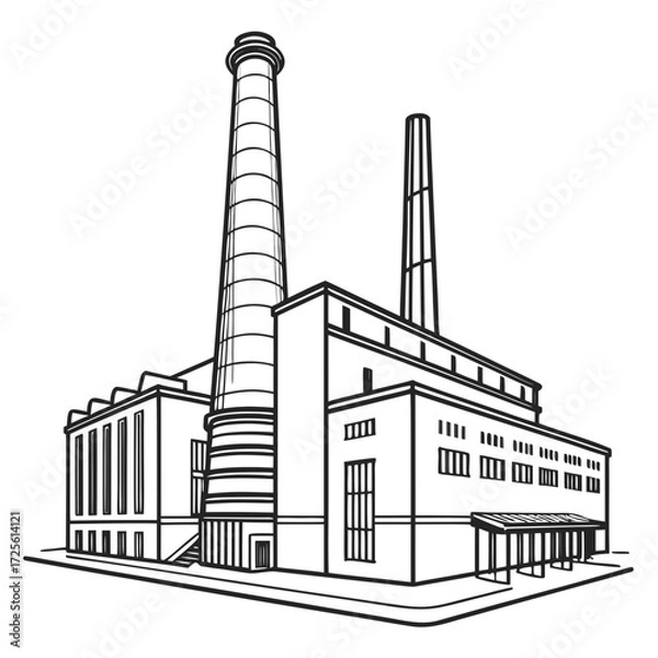 Fototapeta Stylized black and white line drawing of a large industrial factory building with two prominent smokestacks