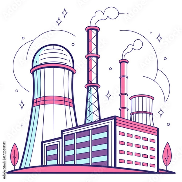 Fototapeta Stylized illustration of a modern power plant with cooling towers and smokestacks emitting stylized smoke