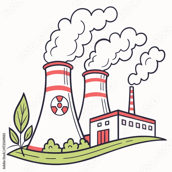 Fototapeta Stylized illustration of a nuclear power plant with cooling towers emitting steam and a small building with a smokestack