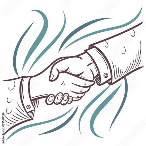 Fototapeta Stylized line art illustration of two hands in a firm handshake conveying agreement and partnership with abstract wavy lines