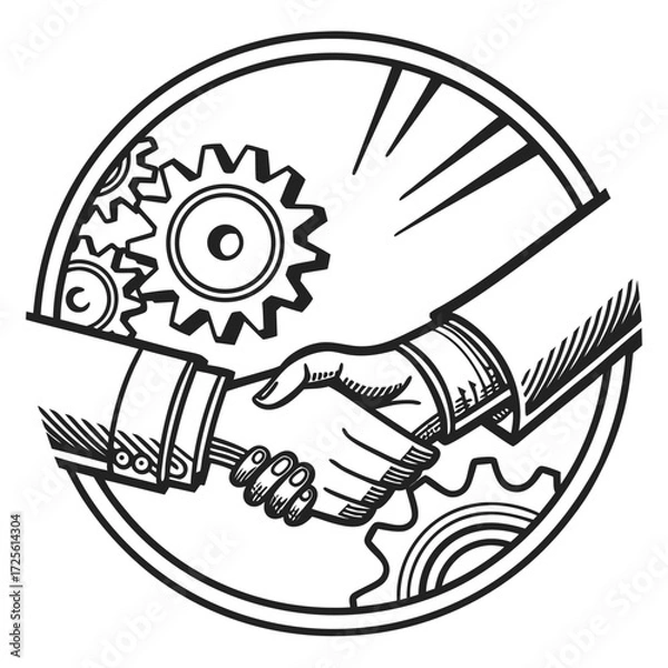 Fototapeta Two business people shaking hands with gears and a circular frame symbolizing partnership and industry