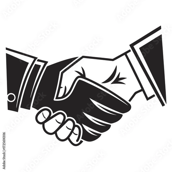 Fototapeta Two business professionals in formal attire shaking hands firmly in a black and white graphic illustration symbolizing agreement and partnership