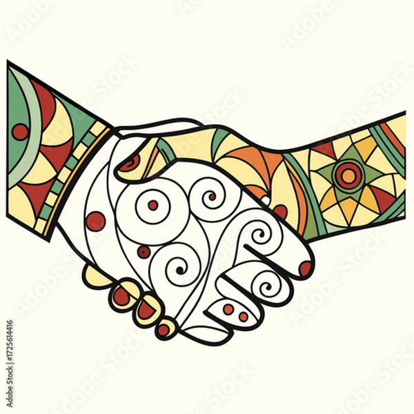 Fototapeta Two hands shaking in a stylized colorful and decorative handshake symbolizing agreement and partnership