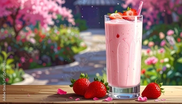 Fototapeta  Refreshing strawberry smoothie in a lush garden setting