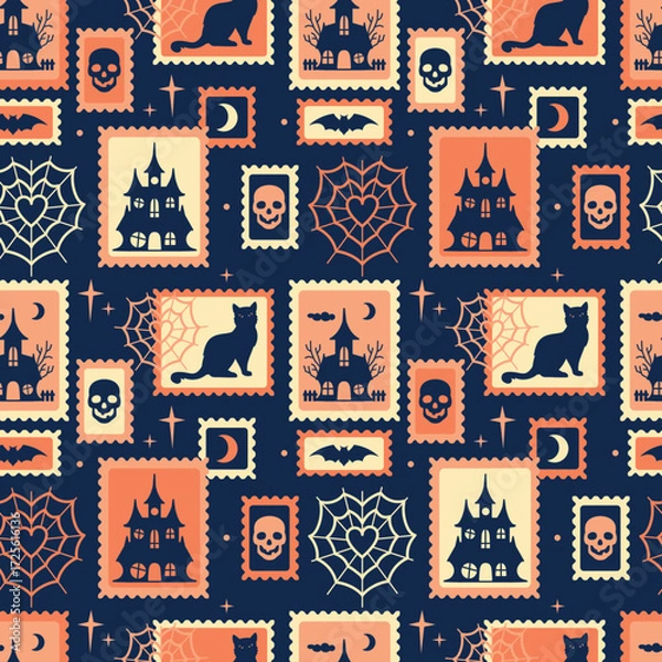 Fototapeta Seamless Halloween postage stamp pattern with haunted house, black cat, spiderweb and skulls. Vintage retro background for fabric, stationery, scrap booking, festive wrapping.