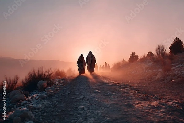 Fototapeta Jesus Christ walking with pilgrims on a dusty path at sunset, with soft browns and oranges and gentle dust rising, capturing a serene, divine atmosphere.