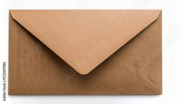 Fototapeta closed brown kraft envelope with triangular flap top view of minimal and elegant stationery realistic paper texture isolated on white background
