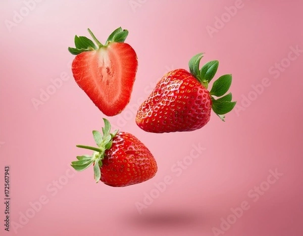 Fototapeta two whole strawberries and one sliced strawberry levitating against a pink background