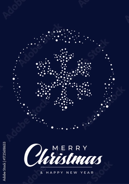 Obraz Elegant holiday greeting card featuring a sparkling snowflake emblem enclosed by a dotted circle on a rich navy backdrop, accompanied by 'Merry Christmas' script and 'A Happy New Year' message.