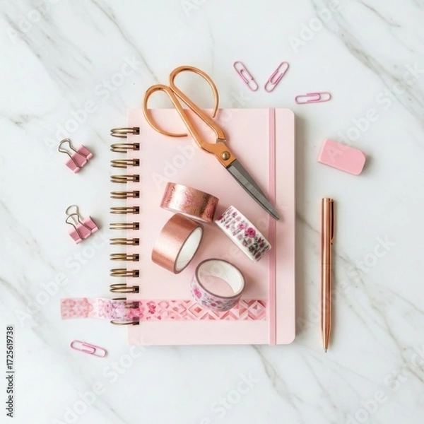 Fototapeta Pink stationery set with notebook and scissors on a marble background