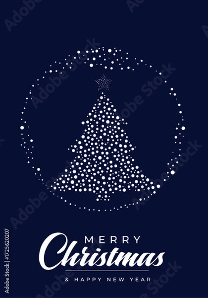 Fototapeta A festive Christmas card design featuring a tree formed by tiny dots inside a glowing circular frame against a deep navy backdrop. Elegant, modern holiday greeting suitable for digital and print use.