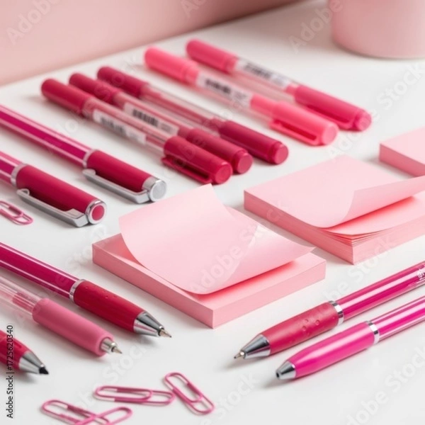 Fototapeta Pink stationery set with pens and sticky notes on a white surface