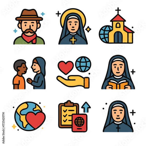 Fototapeta Frances xavier cabrini icons show religious figures helping in aid groups. Suitable for religious, social services, and multicultural designs and projects.