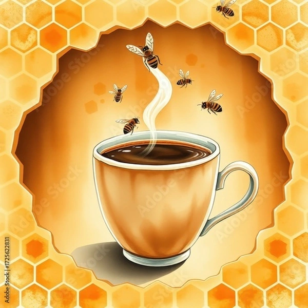 Fototapeta Honeycomb background with steaming coffee cup and flying bees  