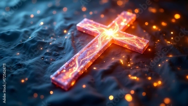 Fototapeta Glowing Cross with Fiery Energy on Dark Background