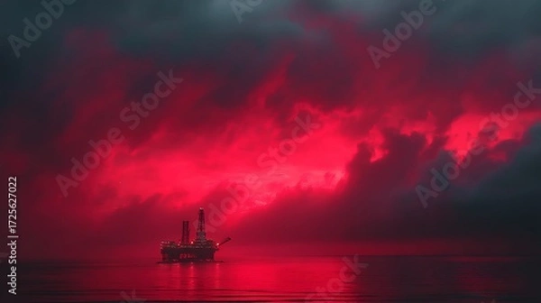 Fototapeta A solitary oil rig stands in the red sea, illuminated by the setting sun, against a backdrop of dark, ominous clouds.
