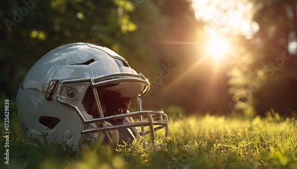 Obraz Iconic American football helmet rests on lush green grass as golden sunbeams pierce through trees, evoking nostalgia and the spirit of the game