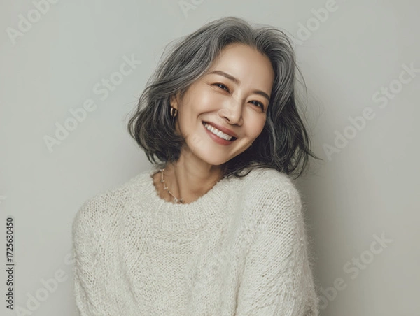 Fototapeta グレーヘアの美しい女性が白いニットで微笑むポートレート