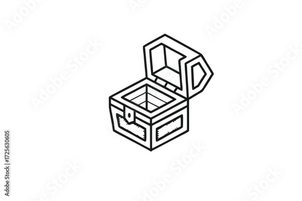 Fototapeta Isometric treasure box features a hinged lid in black outline style against a white backdrop