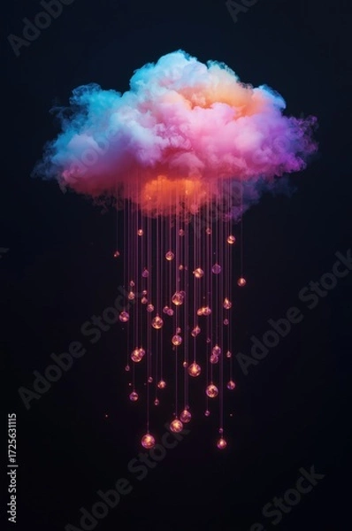 Fototapeta A vibrant cloud formation, illuminated by luminous, hanging orbs, against a dark backdrop.