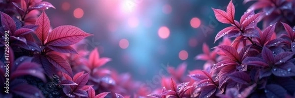Fototapeta Vibrant, close-up view of lush foliage with deep purple-pink leaves, adorned with water droplets, bathed in a soft, ethereal light, creating a tranquil and enchanting atmosphere.
