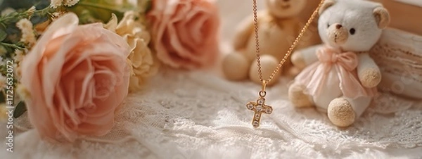 Obraz Delicate gold cross necklace sparkling with diamonds nestled amongst soft pink roses and a sweet teddy bear creating a heartwarming scene of cherished childhood memories and gentle blessings