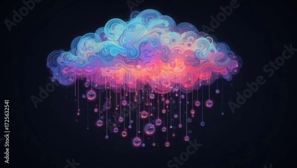 Fototapeta A vibrant, swirling cloud formation, rendered in luminous hues of blue, pink, and orange, showcases a captivating design with cascading, glowing orbs.