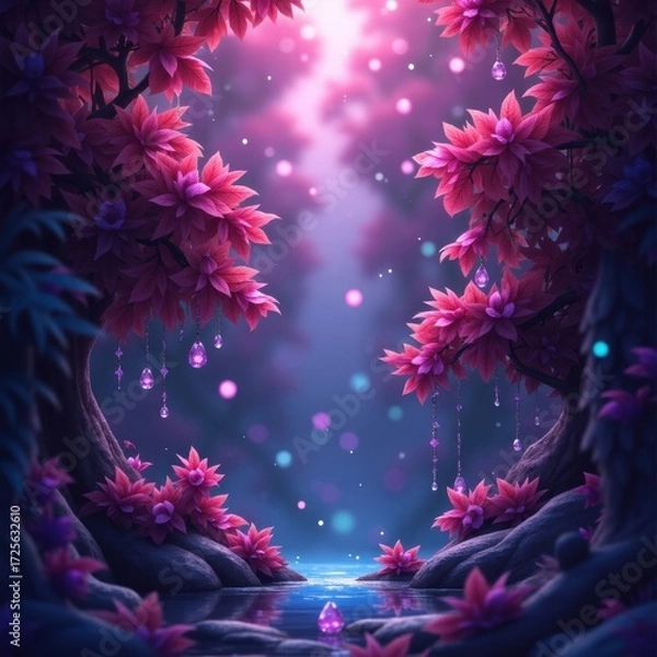 Fototapeta A magical, enchanting forest scene with vibrant pink flowers and glistening crystals, bathed in a mystical, soft light.