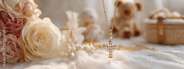Obraz Elegant gold cross pendant necklace adorned with sparkling diamonds, nestled amongst delicate pearls and soft pastel flowers, evoking purity and grace