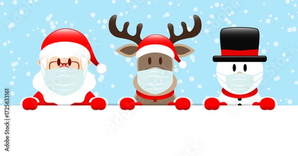 Fototapeta Santa, Rentier Und Schneemann Maske Banner Schnee Hellblau