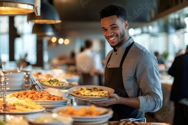 Fototapeta Young smiling waiter collecting empty plates filled with leftovers in a bustling restaurant buffet area, ensuring customer satisfaction