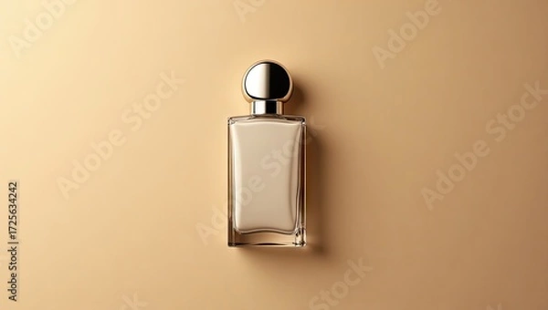Fototapeta A  cream-colored glass perfume bottle with a metallic cap sits elegantly on a simple beige background.