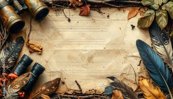 Fototapeta Rustic nature-themed frame with binoculars, feathers, and autumn leaves surrounding an aged blank paper background, perfect for vintage-style text.