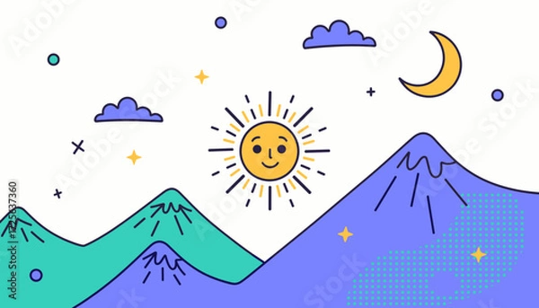 Fototapeta Colorful sun and mountains with stylized clouds and moon, summer solstice. flat vector style

  