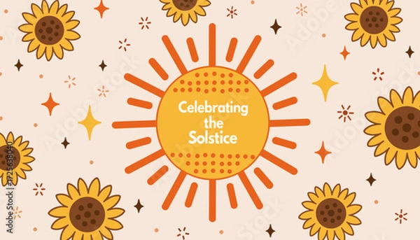 Fototapeta Celebration of summer solstice with sun and sunflower patterns, flat vector style
  