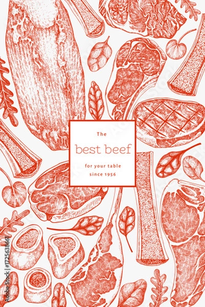 Fototapeta Butchery Shop Design Template. Vector Hand Drawn Meat Banner. Vintage Style Bar B Q Menu Illustration.