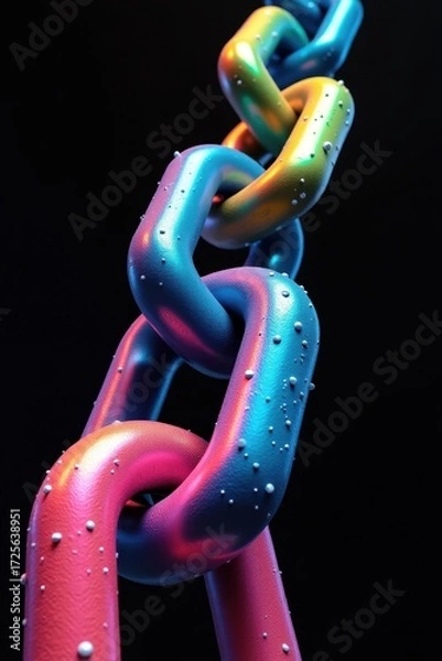 Fototapeta A detailed close-up view of a vibrant, multicolored chain, featuring a spectrum of iridescent hues and textured water droplets, against a stark black backdrop.