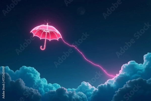Fototapeta Incredible image of a flying umbrella gliding through a starlit sky, leaving behind a neon cloud trail.