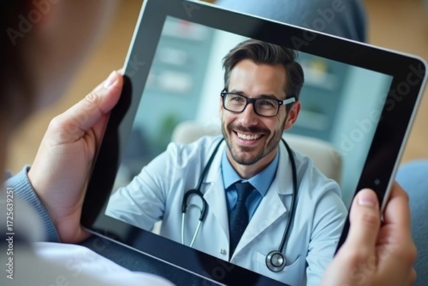 Fototapeta Close-Up Photo of Tablet Computer Displaying Live Video Conference Call with Doctor Talking to Patient