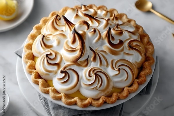 Fototapeta Lemon meringue pie recipe captured from a top view in a bright kitchen setting, showcasing culinary delight for all occasions.