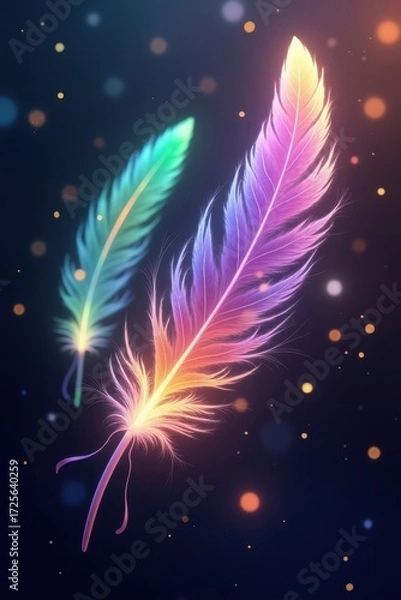 Fototapeta Two vibrant, iridescent feathers glow against a dark backdrop, creating an ethereal and magical atmosphere.