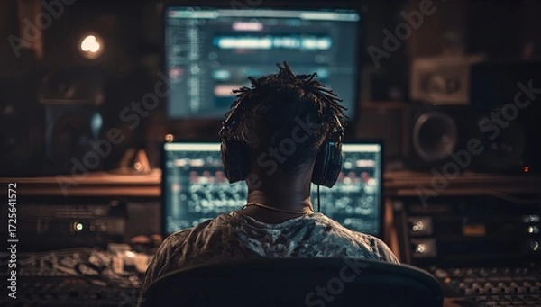 Obraz Producer meticulously mixing audio tracks with headphones on in a dimly lit professional recording studio, mastering sound for creative projects
