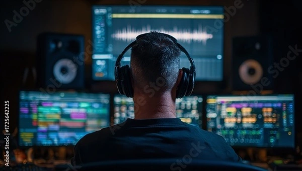 Obraz Mastering sound engineer focused intently on audio waveform and editing software displays in a dimly lit studio, creating captivating sonic experiences