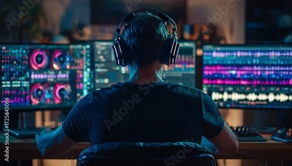 Obraz Focused digital artist immersed in vibrant neon-lit creative process on multiple monitors, crafting digital art with intense concentration
